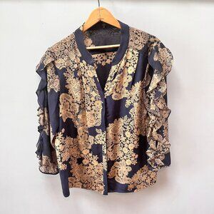 Tibi Ruffle Sleeve Black and Gold Printed Blouse- Size 12